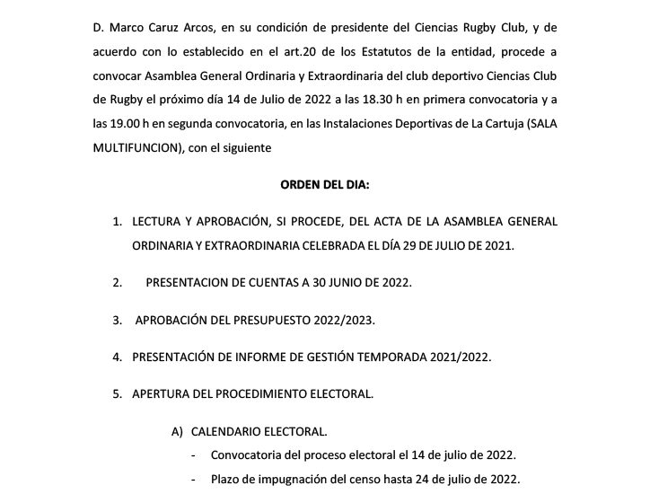 ciencias rugby sevilla Convocatoria Asamblea 2022-1